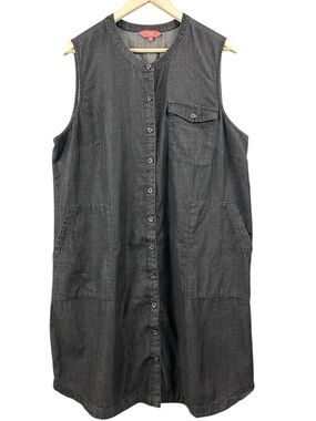 Iyla Button-Front Sleeveless Lightweight Denim Dress Charcoal Grey Size XL